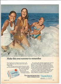 Historical Tampax ads in the 1970s featured a scene of women playing in the sea.