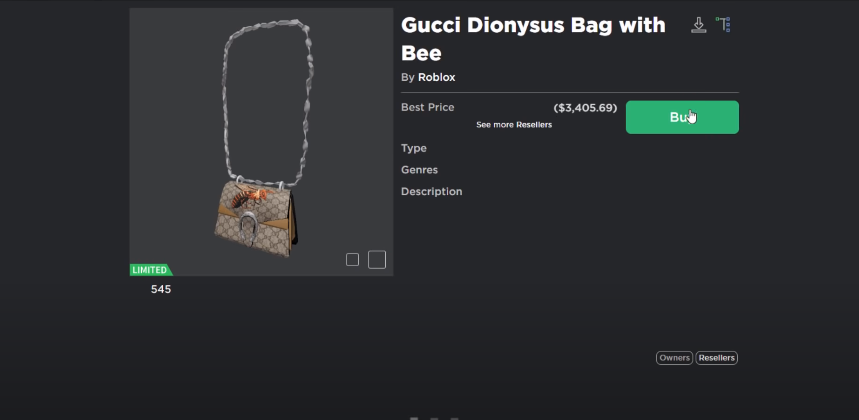 The virtual Dionysus Small GG shoulder bag was sold at $4,000 on Roblox.